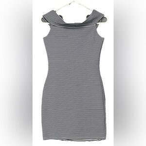 Mango Basics Black & White Striped Bodycon Off Shoulder Dress Sz 4 Preppy Chic